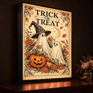 Puede incluir: Una impresión de arte mural enmarcada rectangular con el texto TRICK OR TREAT en la parte superior. La ilustración muestra dos fantasmas blancos, uno con un sombrero de bruja negro, rodeados de calabazas naranjas, hojas de otoño y una luna creciente.
