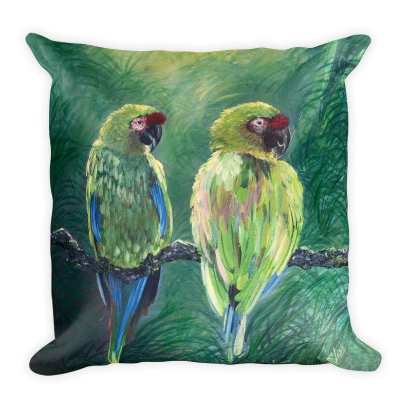 Love Birds Parrots Throw Pillow is a great accent pillow for a bedroom or living Room pillow or entryway. Tropical pillow 18x18 inches