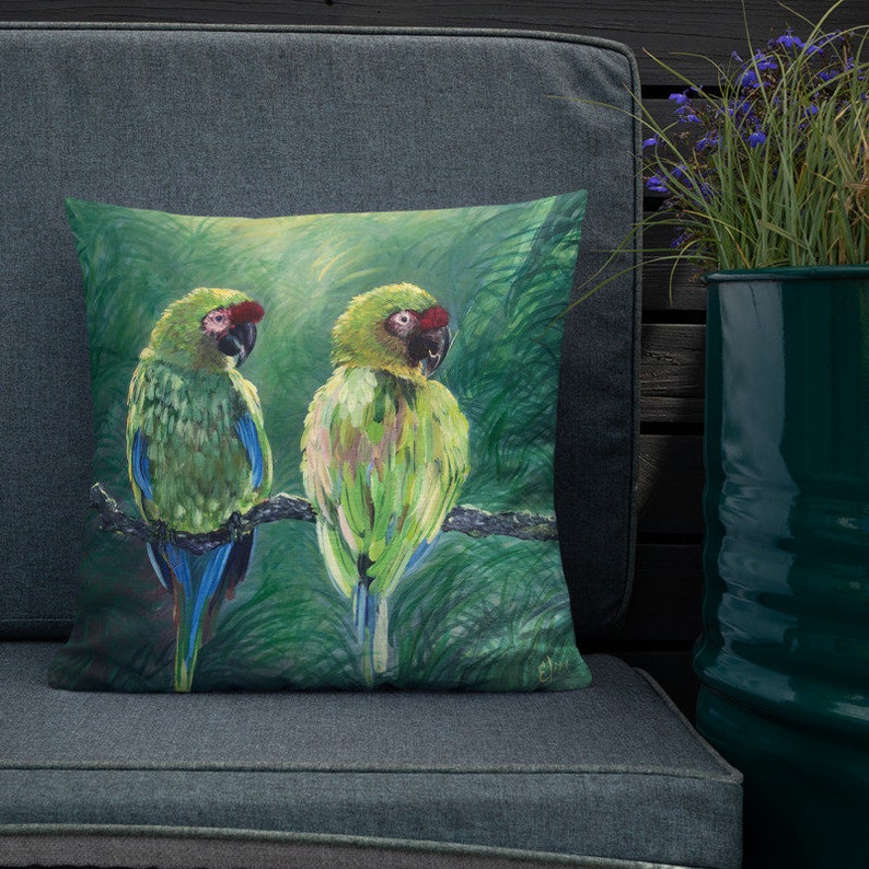 Love Birds Parrots Throw Pillow is a great accent pillow for a bedroom or living Room pillow or entryway. Tropical pillow image 2