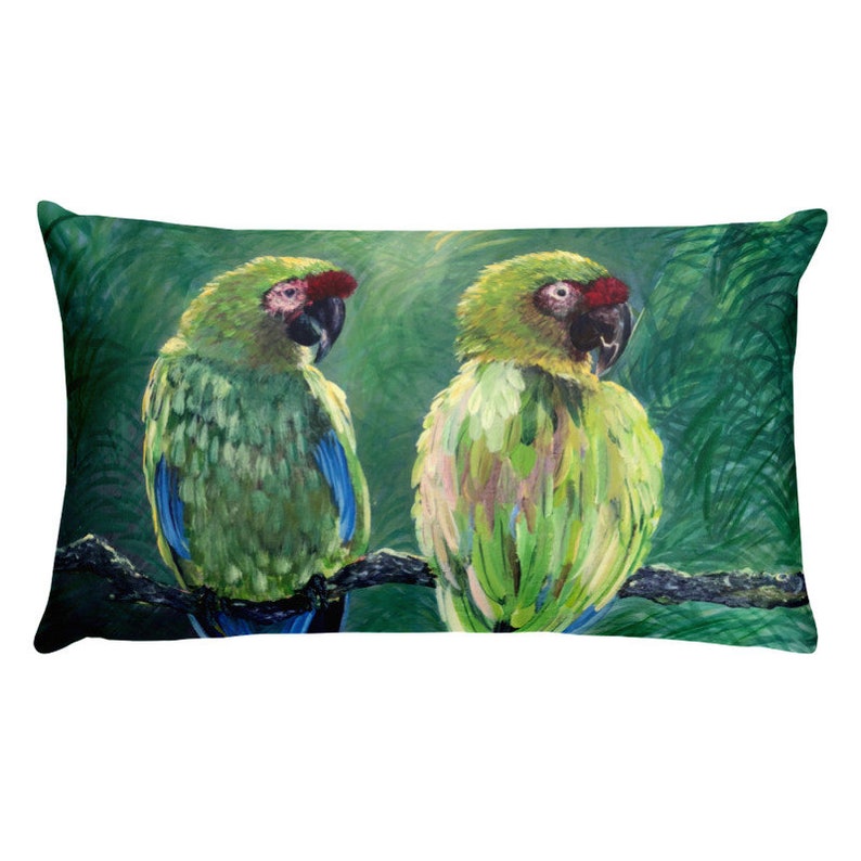 Love Birds Parrots Throw Pillow is a great accent pillow for a bedroom or living Room pillow or entryway. Tropical pillow 20x12 inches