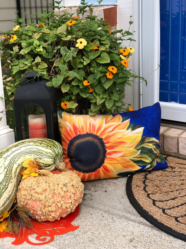 May include: A decorative doormat with a sunflower design, a black lantern with a candle, a gourd, and a striped squash. The doormat is made of natural fibers and has a black border. The lantern is made of metal and has a glass panel. The gourd is orange and has a bumpy texture. The squash is green and white and has a striped pattern.