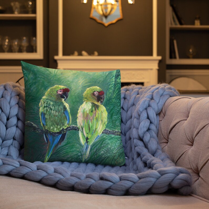 Love Birds Parrots Throw Pillow is a great accent pillow for a bedroom or living Room pillow or entryway. Tropical pillow image 3