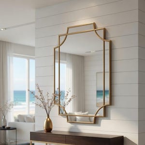 Espelho de parede retangular dourado com borda ondulada | Espelho com moldura geométrica dourada ornamentada | Decoração moderna e elegante