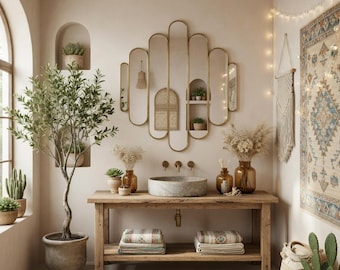 Puede incluir: Un baño con una estética rústica. Cuenta con un tocador de madera con un lavabo de piedra, un espejo decorativo y una alfombra estampada. Las plantas en macetas y las flores secas añaden elementos naturales. La habitación está bañada en tonos cálidos y neutros.