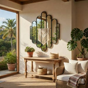 May include: A decorative wall mirror with a black metal frame and multiple oval mirrors. A macrame wall hanging is suspended in front of the mirror. A wooden console table with potted plants and woven baskets is in front of a window.