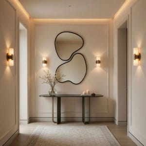 May include: An interior hallway with a modern design. A large, abstract-shaped mirror hangs above a dark console table. Decorative wall sconces and a rug add to the room's aesthetic. The walls are painted a light color.