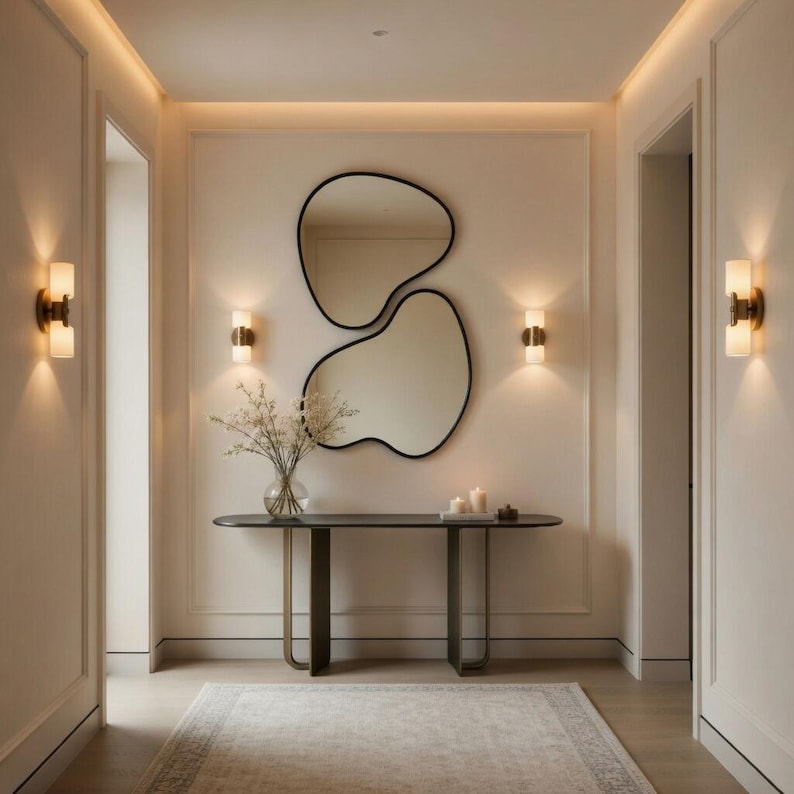 May include: An interior hallway with a modern design. A large, abstract-shaped mirror hangs above a dark console table. Decorative wall sconces and a rug add to the room's aesthetic. The walls are painted a light color.