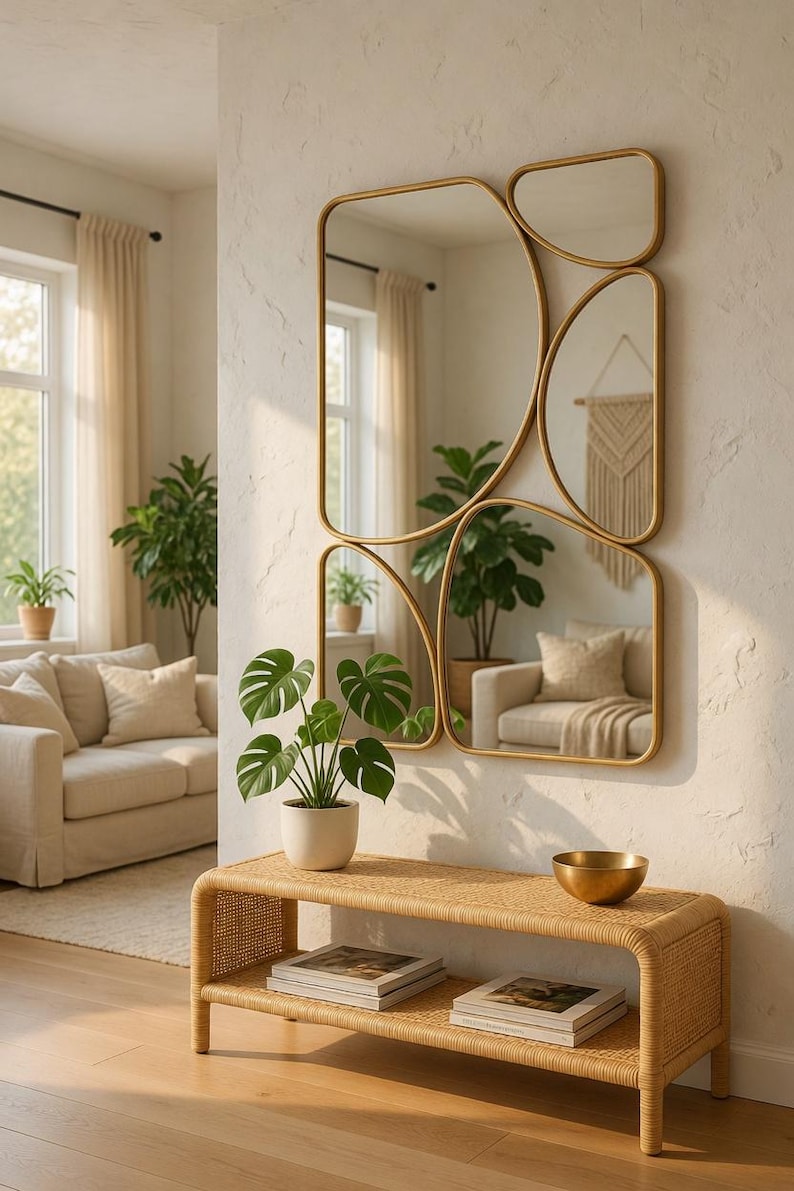 May include: A modern living room scene featuring a set of gold-framed mirrors in various shapes. A woven bench holds books and a gold bowl, with a potted plant in front. The room has neutral tones, with a sofa and plants visible.
