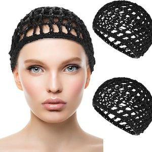 May include: Black mesh wig caps. The image shows a woman wearing a black mesh wig cap, with two additional caps displayed separately. The caps are designed to hold hair in place under a wig, providing a secure and comfortable fit.