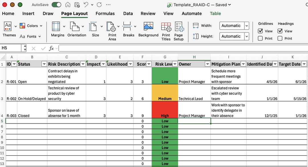 RAID Log Template Excel | Risk Register, Issue Tracker (digital ...