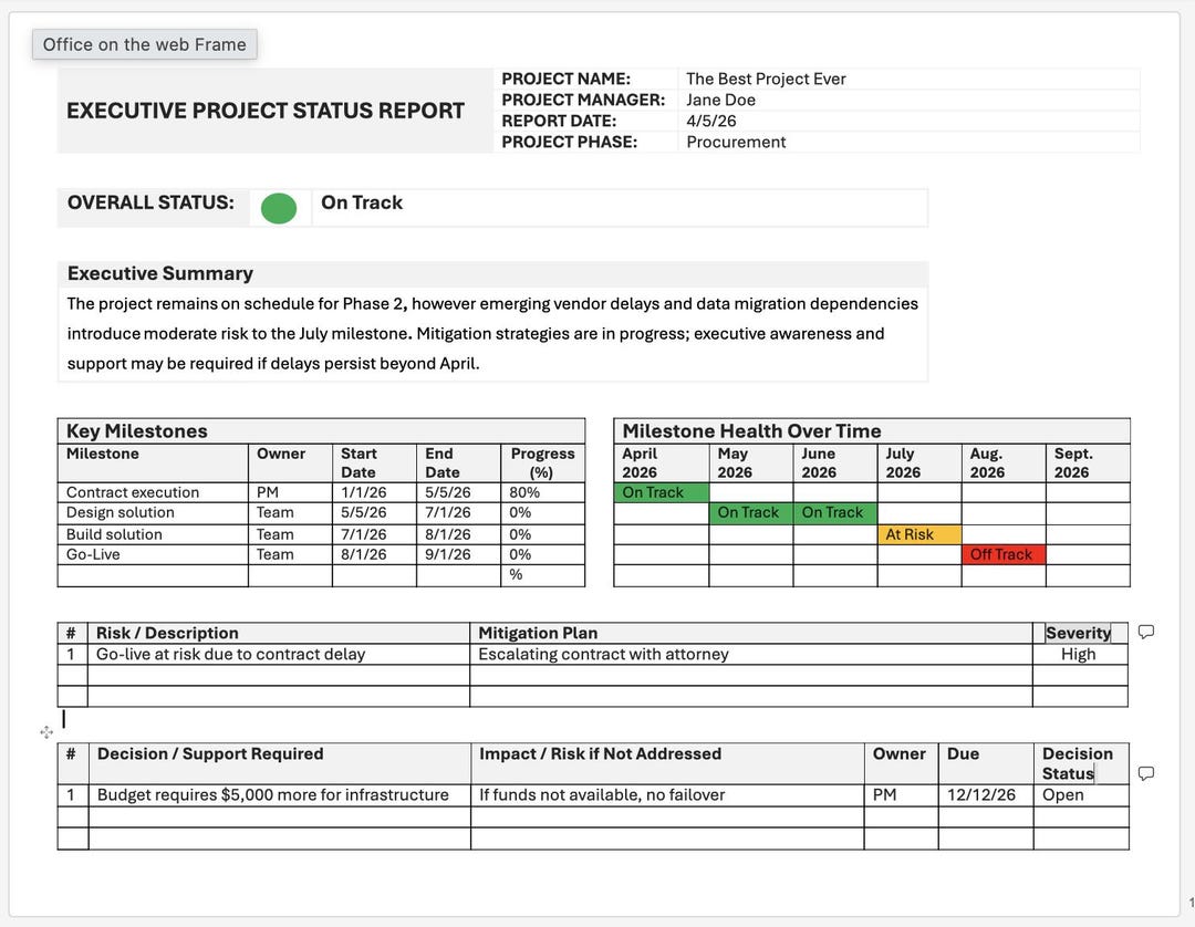 Executive Project Report Executive Project Status Report Template | PMO Dashboard | RAG Excel ...