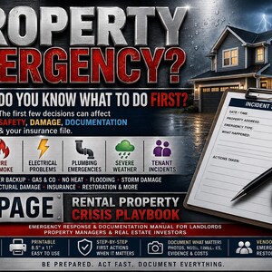 May include: A 128-page rental property crisis playbook manual featuring a metal-textured background, a house graphic, and an incident snapshot clipboard with a pen. It lists emergency categories like water damage, fire, and plumbing with icons.