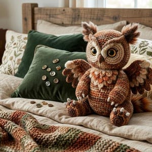 May include: A crocheted owl stuffed animal with brown, tan, and orange yarn, featuring large dark eyes, tufted ears, and textured wings. The owl is positioned on a bed with a knitted blanket, green velvet pillows, and floral patterned cushions.