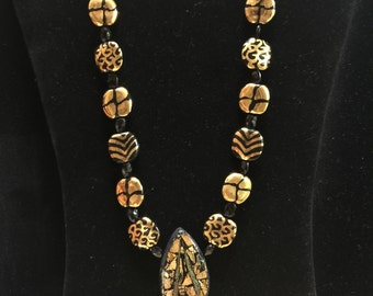 14kt Gold Kazuri Necklace & Black Spinel with Unique Polymer Mosaic