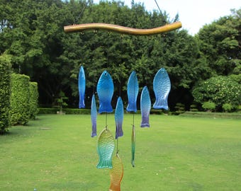 Campana de viento de cristal hecha a mano con peces y estrellas de mar, decoración para jardín costero, adorno atrapasoles marino, regalo de inauguración de casa