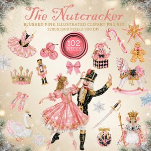 May include: A digital clipart set titled The Nutcracker featuring 102 pieces of blushed pink illustrations including a ballerina, nutcracker, rocking horse, gingerbread man, swan, crown, ballet slippers, candy cane, and snowflakes on a cream background.