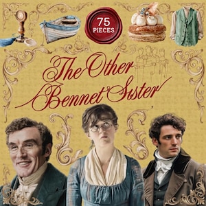 Può includere: Una scatola di puzzle da 75 pezzi con il titolo The Other Bennet Sister in scrittura elegante. Il design include illustrazioni di un sigillo di ceralacca, una piccola barca, un pasticcino, un gilet verde e tre persone in abiti d'epoca.