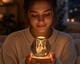 Lámpara de noche personalizada para mascotas a partir de una foto, lámpara de cristal personalizada para perros y gatos con base de madera.