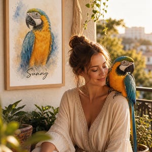 Puede incluir: Una impresión en acuarela enmarcada de un guacamayo azul y amarillo con la palabra "Sunny" en escritura. Un guacamayo real de colores similares se posa en el hombro de una persona. La persona lleva un vestido color crema.
