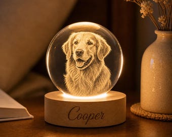 Personalized Pet Night Light From Photo, Custom Dog Cat Glass Lamp With Wooden Base
