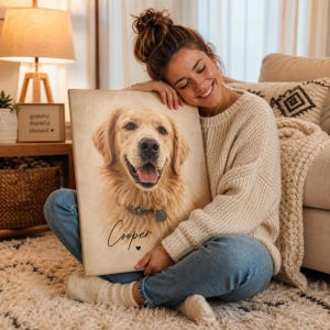 Op de afbeelding: Een canvas print met een portret van een Golden Retriever hond genaamd Cooper. De hond draagt een halsband met een tag. De naam "Cooper" staat in script onder de afbeelding van de hond, met een klein hartje.