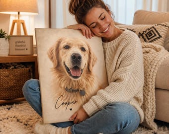 Custom Pet Portrait Canvas From Photo, Personalized Dog Cat Wall Art, Pet Memorial Gift