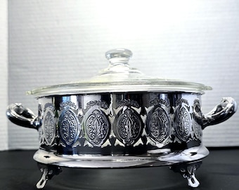 Vintage Glasbake Casserole Dish, Housed in A Silver Plated Cradle