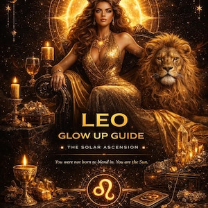 May include: A digital art image featuring a woman in a gold dress and crown, seated next to a lion. The image has text that reads "LEO GLOW UP GUIDE" and "JULY 23 - AUGUST 22". The background is dark with celestial elements.