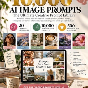 以下が含まれることがあります： 10,000 AI IMAGE PROMPTSと題されたデジタル製品広告。画像コラージュを表示するタブレット、テキスト入りのコーヒーマグ、ノートが配置されています。レイアウトにはカテゴリーアイコン、利点のリスト、アクションボタンが含まれています。
