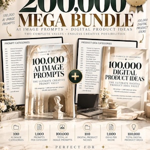 May include: A digital product bundle titled 200,000 Mega Bundle featuring two vaults: 100,000 AI Image Prompts and 100,000 Digital Product Ideas. The display includes two book covers, category lists, and icons detailing 100 categories, 1,000 prompts per category, and 100,000 total prompts and ideas.