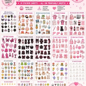 May include: A digital collection of 1000+ stickers across 19 printable sheets featuring various themes including celestial, food, beach, nurse, college, Y2K, dark feminine, coquette, pink, cute, kawaii, aesthetic, flower, ghost, and star designs.