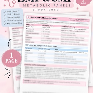 Può includere: Un foglio di studio digitale per pannelli metabolici BMP e CMP con uno schema di colori rosa e bianco. Il documento include tabelle per valori di laboratorio, intervalli normali e significati clinici. Il testo include BMP & CMP e 1 PAGE.