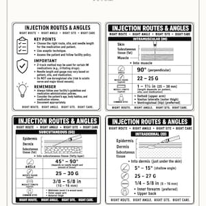 May include: A set of four black and white vinyl stickers titled Injection Routes & Angles. The stickers provide medical reference information including key points, important reminders, and specific details for intramuscular, subcutaneous, and intradermal injections.