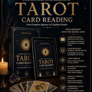 May include: A complete guide to tarot card reading, featuring a book, a tablet, and a deck of cards. The cover text reads "Tarot Card Reading" with the subtitle "From Complete Beginner to Confident Reader." The image includes a candle, crystals, and the text "The Fool."