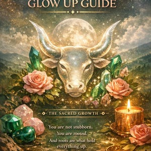 May include: An illustrated guide for Taurus, featuring a bull's head with horns, surrounded by roses, crystals, and a lit candle. Text includes "Glow Up Guide" and "The Sacred Growth". The image has a celestial theme.