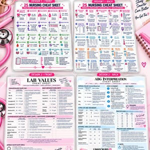 May include: A set of four 8.5 inch by 11 inch laminated nursing cheat sheets featuring medical reference data. The sheets include tables for vital signs, lab values, formulas, medications, and ABG interpretation with pink and white text.