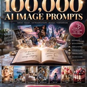 100 000 AI-bildprompter | 100 kategorier och 1 000 prompter vardera | AI Art Prompt Vault för Midjourney, DALL·E med mera | Digital nedladdning