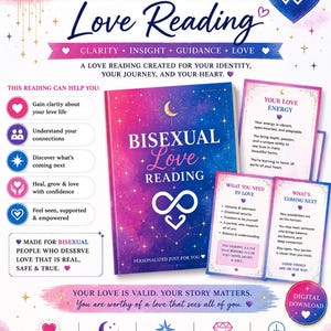 Könnte beinhalten: Eine digitale Grafik für ein bisexuelles Liebes-Reading mit einem zentralen Buchcover in Pink-, Lila- und Blauverläufen, einer Mondsichel und einem Unendlichkeits-Herz-Symbol. Es enthält Text, Informationskarten und Symbole auf weißem Grund.
