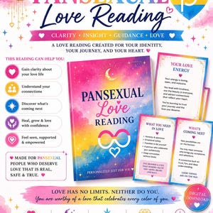 Könnte beinhalten: Eine digitale Grafik für ein pansexuelles Liebes-Reading mit einem zentralen Buchcover auf einem rosa, lila und blauen Hintergrund, einem goldenen Halbmond und einem Unendlichkeitssymbol. Es enthält Text, Herzsymbole und Karten zur Liebesenergie.