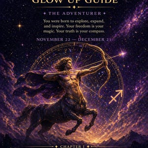 May include: Digital artwork depicting a centaur archer with a bow and arrow against a starry backdrop. The image features the text "SAGITTARIUS GLOW UP GUIDE" and information about the Sagittarius zodiac sign, including dates and key traits.