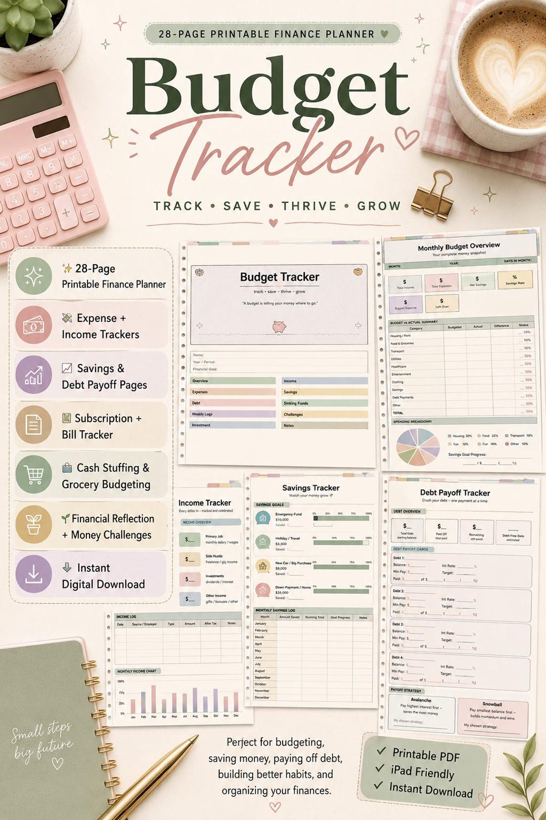 Budget Tracker Printable PDF | Finance Planner Bundle | Savings Tracker ...