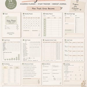 Può includere: Un quaderno beige per la pianificazione dello studio con 14 pagine di concentrazione e crescita. Include sezioni per la pianificazione accademica, il monitoraggio dello studio e il diario della mentalità. Il pianificatore presenta layout mensili, settimanali e giornalieri.