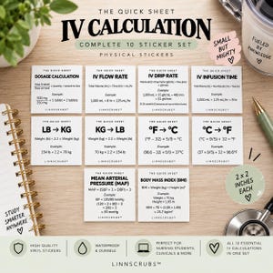 May include: A set of ten white square stickers, each measuring 2x2 inches, featuring black text for medical calculations including IV flow rate, dosage, and unit conversions. The stickers are arranged in a grid, displaying formulas and examples for nursing students and clinical professionals.