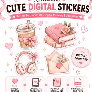 Cartela com 100 adesivos fofos para imprimir em PDF | Adesivos kawaii para diários, planners, scrapbooking | Edição DIY no Procreate, Ibis Paint e muito mais