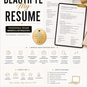 Puede incluir: Un anuncio de servicio de reescritura y optimización de currículums con el texto BEAUTIFYE MY RESUME, una comparación de documentos antes y después, y una lista de beneficios que incluyen redacción, gramática y formato profesional.