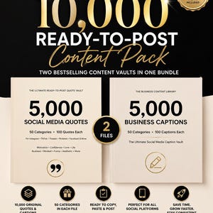 May include: A digital content bundle graphic featuring the text 10,000 READY-TO-POST Content Pack. It includes two sections: 5,000 SOCIAL MEDIA QUOTES and 5,000 BUSINESS CAPTIONS, with gold accents, icons, and a badge stating PLR PRIVATE LABEL RIGHTS INCLUDED.