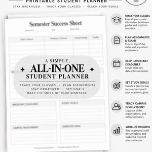 May include: A white printable student planner titled Semester Success Sheet with sections for class information, professor contacts, grades, credits, important deadlines, study goals, and campus involvement, measuring 8.5 by 11 inches in size.