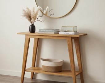 Consola minimalista de roble, mesa auxiliar estrecha para recibidor, muebles de entrada modernos y orgánicos, mesa auxiliar de madera escandinava, consola estrecha para vestíbulo.