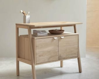 Japandi Badezimmer Eitelkeit, Waschtischschrank aus massiver Eiche, minimalistische Badezimmerkonsole, skandinavischer Unterwaschschrank, organischer moderner Waschtisch