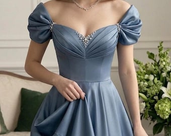 Dusty Blue Satin Maxi Dress – Puff Sleeve Sweetheart Gown, Romantic Formal Evening Wear